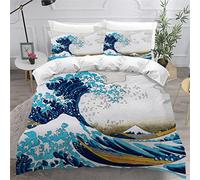 KAVITO Parure de Lit Kanagawa Housse de Couette 220x240 3D Microfibre avec 2 Taies d'oreiller 50x75 Vagues Japon Manga Parure de Lit Literie avec Fermeture Éclair pour 2 Personnes