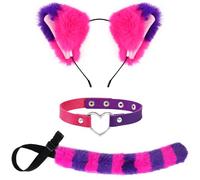 Kavoc Costume de chat rayé rose et violet pour filles et femmes, accessoires de cosplay pour la journée mondiale du livre, accessoires de cosplay avec oreilles de chat, queue en fourrure et collier