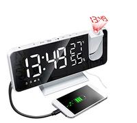 Kavolet Réveil à Projection numérique 4 en 1, Horloge de projecteur à 180 degrés, avec Surface de Miroir, Moniteur d'humidité température/Radio FM/Chargeur de téléphone/Affichage à LED/℃ / ℉