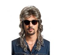 Kavsni Perruque de mulet style rétro des années 70, style 80, cheveux bruns ondulés avec lunettes de soleil, accessoire de déguisement (marron clair)