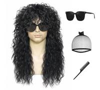 Kavsni Perruque rock pour costume des années 70 et 80 pour homme et femme - Perruque ondulée avec frange - Style hippie - Amusante - Noire