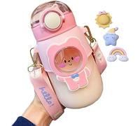 Kawaii Bouteille d'eau en paille avec sangle, mignonne, sans BPA, anti-fuite, bouteille d'eau mignonne en forme d'ours de dessin animé pour filles, voyage, école (rose)