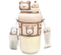 Kawaii Bouteille d'eau isotherme en acier inoxydable avec paille et sangle réglable, anti-fuite, sans BPA, pour filles, sport, camping, voyage (beige)