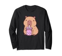 Kawaii Capybara Anime Boire du thé aux Bulles Rose pour Femmes et Filles Manche Longue