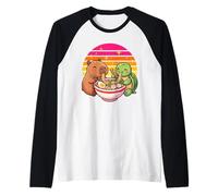 Kawaii Capybara Turtle Ramen Soupe de Nouilles Rétro Coucher de Soleil Manche Raglan