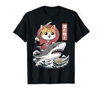 Kawaii Chat équitation Requin Art Japonais drôle Chat samouraï T-Shirt