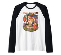 Kawaii Chat Orange Mangeant Ramen Gamer Japonais Anime Art Manche Raglan