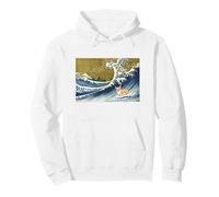 Kawaii Cute Corgi on The Great Wave in Hokusai Style Sweat à Capuche, Unisexe pour Adultes, Blanc, XXL