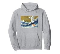 Kawaii Cute Corgi on The Great Wave in Hokusai Style Sweat à Capuche, Unisexe pour Adultes, Gris Chiné, S