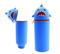 Kawaii Étui École 2 en 1 en Silicone Souple, Trousse Silicone Verticale, Fermeture Éclair en Silicone, Trousse à Crayons en Silicone pour Enfants Plusieurs Couleurs et Styles-Requin Bleu