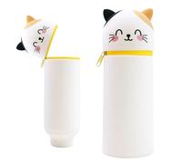 Kawaii Étui École 2 en 1 en Silicone Souple, Trousse Verticale avec Fermeture Éclair, Trousse à Crayons pour Enfants Plusieurs Couleurs et Styles-Chat Souriant