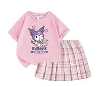 Kawaii Filles Ensemble été Mode Filles Jupe plissée, Filles Style collège t-Shirt Jupe Courte Ensemble Deux pièces,Pink 1,110cm