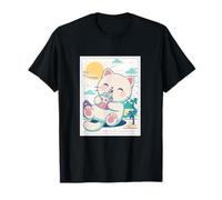 Kawaii Fraise Lait Chat Tropical Plage Coucher de Soleil T-Shirt