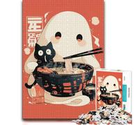 Kawaii Ghost Eating Ramen with Black Cat Puzzle en Bois, 1000 pièces | Idée cadeau de Noël pour adulte : activité à partager en famille à son propre rythme.
