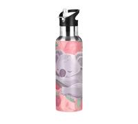 Kawaii Koala avec fraise Bouteille d'eau isotherme en acier inoxydable anti-fuite et anti-transpiration avec paille pour salle de sport, sport en plein air, 600 ml