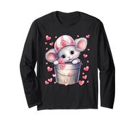 Kawaii Mouse in Valentines Basket for Girls Cute Heart Manche Longue