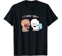 Kawaii Panda Bear Hug Bubu and Dudu I Love You Flower T-shirt amusant pour la Saint-Valentin, Noir , L