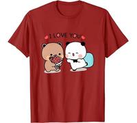 Kawaii Panda Bear Hug Bubu and Dudu I Love You Flower T-shirt amusant pour la Saint-Valentin, Rouge, 3XL