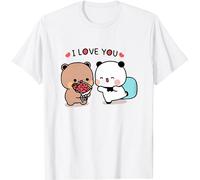 Kawaii Panda Bear Hug Bubu and Dudu I Love You Flower T-shirt unisexe cadeau amusant pour la Saint-Valentin, blanc, M