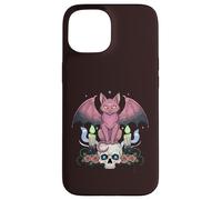 Kawaii Pastel Goth Creepy Cute Cat Ailes de Chauve-Souris Tête de Mort effrayante Coque pour iPhone 15