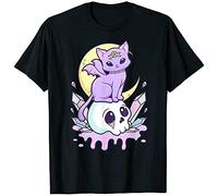Kawaii Pastel Goth Cute Creepy Witchy Cat and Skull T-Shirt Man's Fashion Black Unisex Tees L