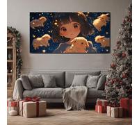 Kawaii Petite Princesse Grand Tableau Mural XXL Toile Imprimée pour la Decoration du Salon Doux Agneau Animaux Poster Moderne Pétillant Galaxie Arrière-plan Photo Artistique Sans Cadre 80x160 cm