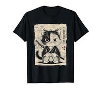 Kawaii Samourai Ninja Chat Anime Japonais Esthétique Vintage T-Shirt, Homme, Noir, 6XL