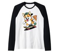 Kawaii Skateboarding Chien Corgi avec Pizza Manche Raglan