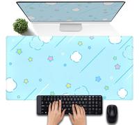 Kawaii Sous-main de bureau motif étoiles bleu pastel, grand tapis de souris et tapis de clavier, décoration de bureau XXL pour femme, 80 x 40 cm