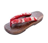 Kawaii-Story K-G-50-7 - Sandales rouges Sakura - Fleurs marron - Bois japonais Geta - Pour femme - Tabi Kimono Geisha Kendo Samouraï, rouge, 39 EU