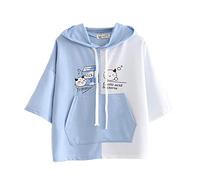 Kawaii T-shirt d'été à manches courtes pour adolescentes, style japonais, style mignon, carton imprimé à manches courtes, bloc de couleur, à capuche, décontracté - Bleu - Taille Unique