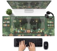 Kawaii Tapis de souris de jeu XL motif chat noir avec plantes vertes, tapis de souris pour ordinateur portable, ordinateur portable, accessoires de décoration de bureau pour fille et femme, 80 x 30 cm