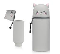 Kawaii - Trousse Scolaire 2 en 1 - en Silicone - Porte-Crayon en Forme d'animal - Convient pour garçons et Filles (Chat Gris)