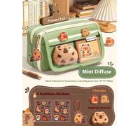 Kawaii¿Trousses À Crayons De Grande Capacité Pour Sac D'École,Boîte À 3 Compartiments,Fournitures De Fournitures,Kit De Papeterie Mignonne Pour Fille Et Garçon,Fermetures Éclair.Green Basic Set.