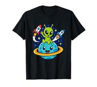 Kawaii Vert Martien sur Saturne avec Vaisseaux Spatiaux T-Shirt