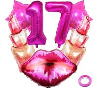 Kawailay 17 ans anniversaire rouge à lèvres Décoration baiser lèvres Ballon Sweet 17ème anniversaire Décoration ballons Rose Nombre 17 Ballon pour fille Femme Anniversaire Thème de la fête