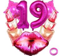 Kawailay 19 ans anniversaire rouge à lèvres Décoration baiser lèvres Ballon Sweet 19ème anniversaire Décoration ballons Rose Nombre 19 Ballon pour fille Femme Anniversaire Thème de la fête