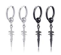 Kawailay 2 paires de boucles d'oreilles huggie en forme d'épée Dagger Hoop boucles d'oreilles gothique plumes boucles d'oreilles punk rock Hip Hop Swing boucles d'oreilles Homme femme - argent et noir