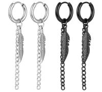 Kawailay 2 paires de plumes huggie boucles d'oreilles gothique plumes boucles d'oreilles punk rock Hip Hop Swing Loop Ears pour les hommes et les femmes - argent et noir style 3
