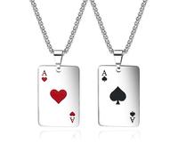 Kawailay 2 pièces Collier de cartes de poker acier inoxydable pique ACE collier punk bike Rock Hip Hop pendentif collier Homme femme - argent