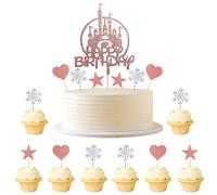 Kawailay 31 pièces Tops de gâteau congelé Tops gâteau d'anniversaire Glitter Castle Princesse prince gâteau tops flocon de neige coeur étoile enfants anniversaire fête de Noël or rose