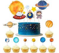 Kawailay 32 pièces Espace extérieur Cupcake tops astronaute fusée planète vaisseau spatial Cupcake pour baby shower Kids birthday party pick Galactic thème gâteau d'anniversaire décoration