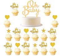Kawailay 33pcs Glitter Oh Bébé Cupcake tops or bébé douche Cupcake coeur étoile acrylique Oh Bébé gâteau tops bébé douche enfants anniversaire gâteau décoration