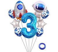 Kawailay Astronaute Fusée 3 Ans Anniversaire Ballons Jumbo Spaceman Hors de l'Espace Thème Foil Bleu 3 Ballon d'Hélium Baby Shower Fête pour les Enfants