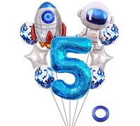 Kawailay Astronaute Fusée 5 Ans Anniversaire Ballons Jumbo Spaceman Hors de l'Espace Thème Foil Bleu 5 Ballon d'Hélium Baby Shower Fête pour les Enfants