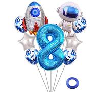 Kawailay astronaute fusée 8 ans anniversaire ballons Jumbo spaceman anniversaire ballons hors de l'espace thème Foil ballons bleu 8 ballon d'hélium baby shower fête d'anniversaire pour les enfants
