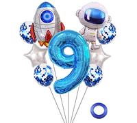 Kawailay Astronaute Fusée 9 Ans Anniversaire Ballons Jumbo Spaceman Hors de l'Espace Thème Foil Bleu 9 Ballon d'Hélium Baby Shower Fête pour les Enfants