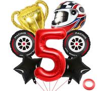 Kawailay Ballons baudruche 5 ans anniversaire d'une voiture course Ballons course 5ème anniversaire Grand casque Roue Pneu Trophée Ballon rouge Numéro 5 Ballon pour fête d'anniversaire garçons