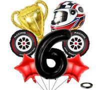 Kawailay Ballons baudruche 6 ans anniversaire d'une voiture course Ballons course 6ème anniversaire Grand casque Roue Pneu Trophée Ballon noir Numéro 6 Ballon pour fête d'anniversaire garçons