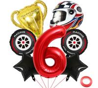 Kawailay Ballons baudruche 6 ans anniversaire d'une voiture course Ballons course 6ème anniversaire Grand casque Roue Pneu Trophée Ballon rouge Numéro 6 Ballon pour fête d'anniversaire garçons